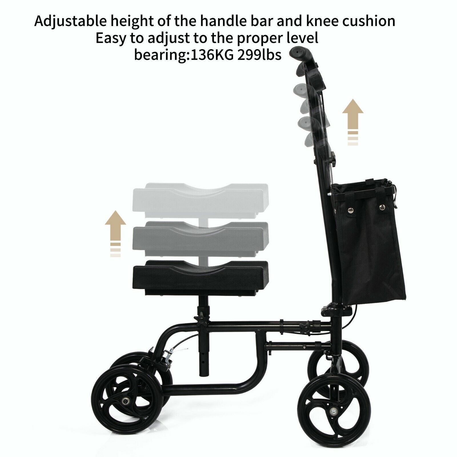 Foldable Knee Walker Scooter With Black Basket