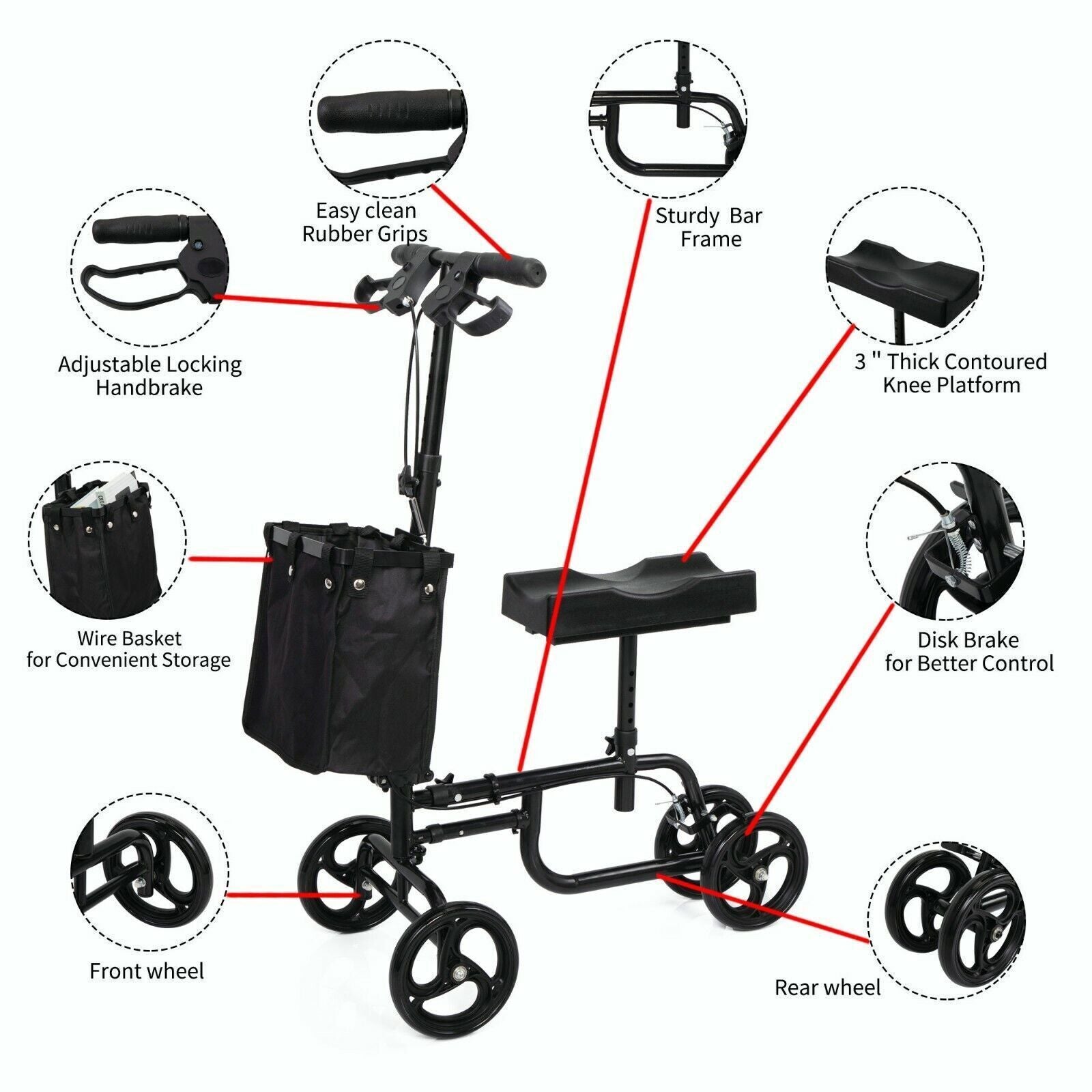 Foldable Knee Walker Scooter With Black Basket