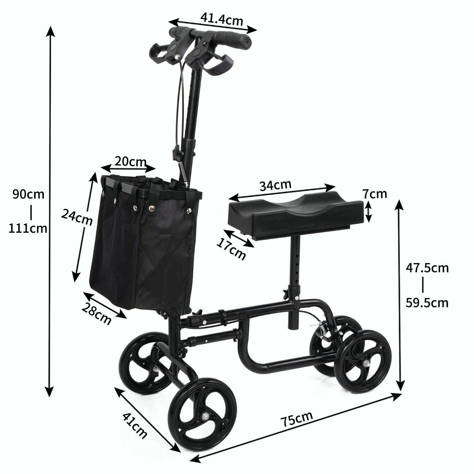 Foldable Knee Walker Scooter With Black Basket